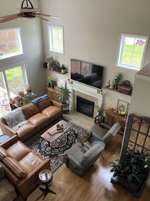 TV connectée, cheminée, livres