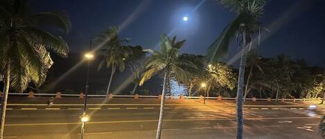 A nighttime street scene with palm trees, streetlights, and a car.
