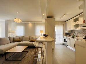 Un apartamento moderno con sala de estar, kitchenette y comedor.