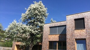A modern two-story building with brick facade and large windows. - 100 m2 Penthouse mit 3 Schlafzimmer, Grosser Überdachter Terrasse und Bergblick (Klaus)