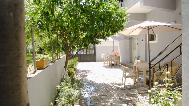 A patio area with a table and chairs, a potted plant, and a staircase.