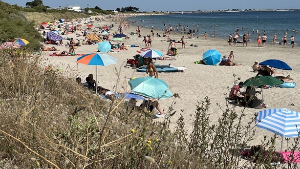 Una playa concurrida, con numerosos sombrillas y gente disfrutando del día soleado.