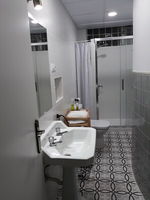 Shower, hair dryer, towels, soap