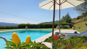 A swimming pool with a view of the countryside, surrounded by greenery and a patio area with a table and umbrella.