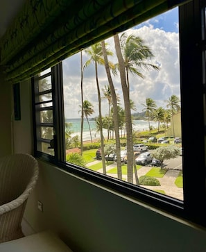 Una stanza con vista sulla spiaggia, palme e auto parcheggiate.