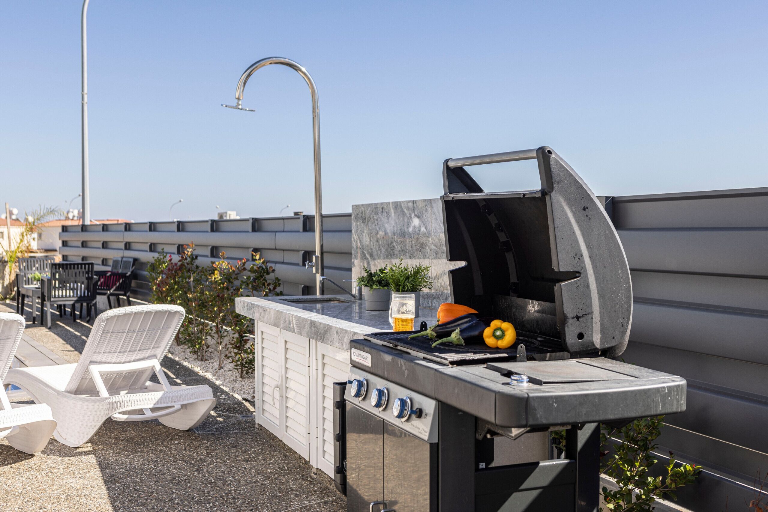 Une terrasse sur le toit équipée d’un barbecue, de chaises longues et d’une petite table agrémentée d’une plante.