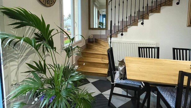 A dining area with a checkered floor, a wooden table, and chairs. There is a cat on one chair. A large clock and a mirror are on the wall. A staircase with a railing leads to another room. - Maison de Ville Avec Grand Jardin (Chennevières-sur-Marne)
