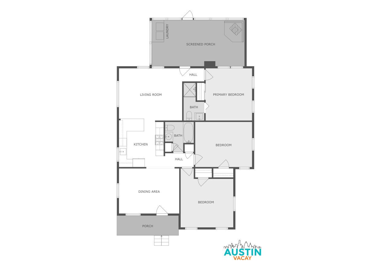 A floor plan of a house with a living room, kitchen, dining area, two bedrooms, a bathroom, a screened porch, and a hall.