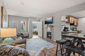 TV, fireplace - Downtown Gatlinburg! Fireplace + Views | Indoor Pool (Gatlinburg)