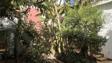 Una terrazza esterna con tavolo e sedie in piastrelle, circondata da vegetazione lussureggiante e piante in vaso.