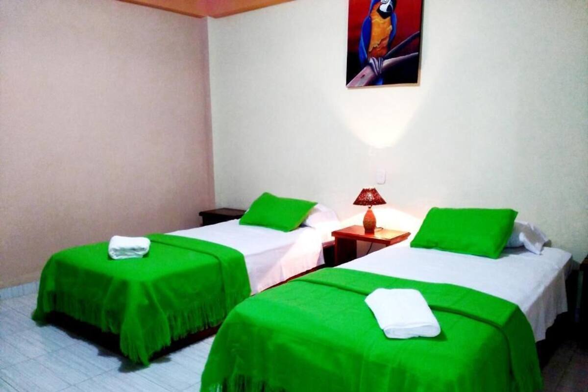 Une chambre d’hôtel avec deux lits simples, chacun recouvert d’une couverture verte et agrémenté d’oreillers blancs, une petite table avec une lampe et un tableau accroché au mur.