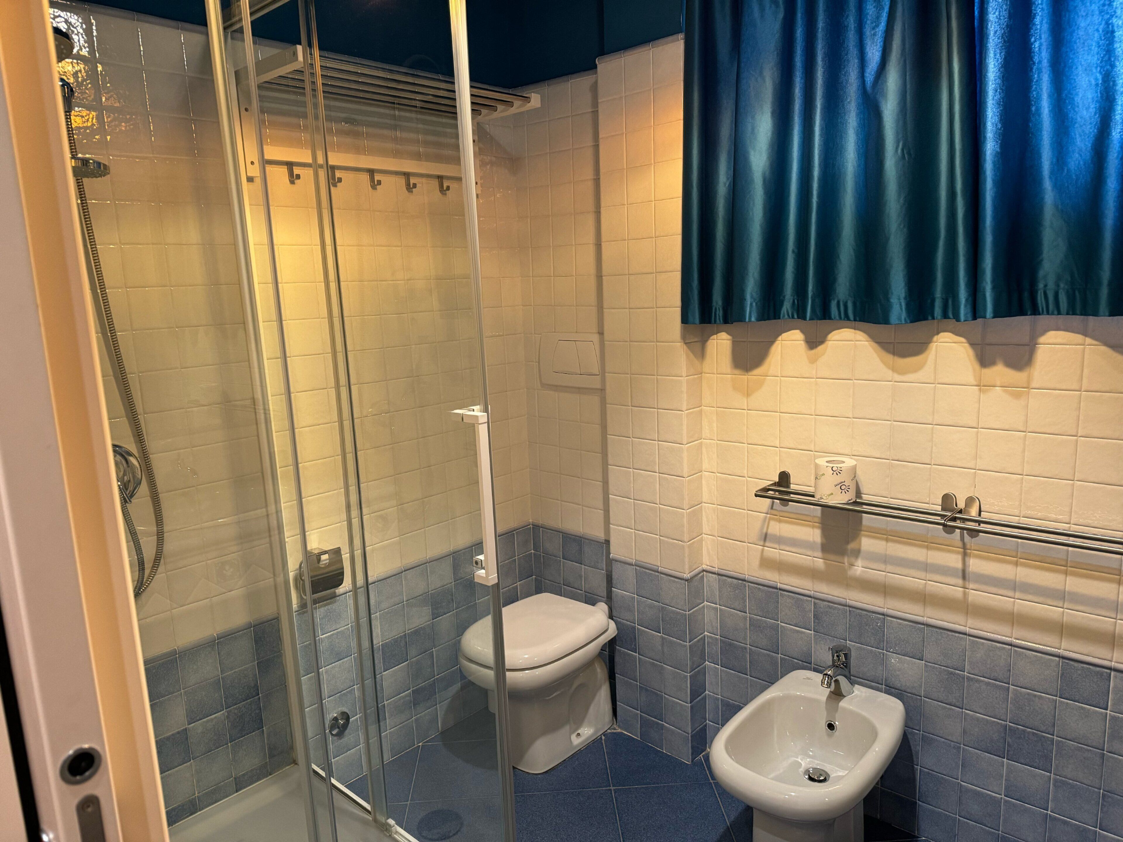 A bathroom with a glass-enclosed shower, a toilet, a bidet, and a towel rack.