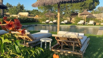 Kolam renang outdoor, dengan payung kolam renang dan kursi berjemur