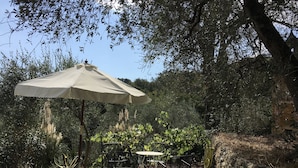 Una terrazza esterna con tavolo e sedie sotto un ombrellone grande, circondata da vegetazione lussureggiante e alberi.