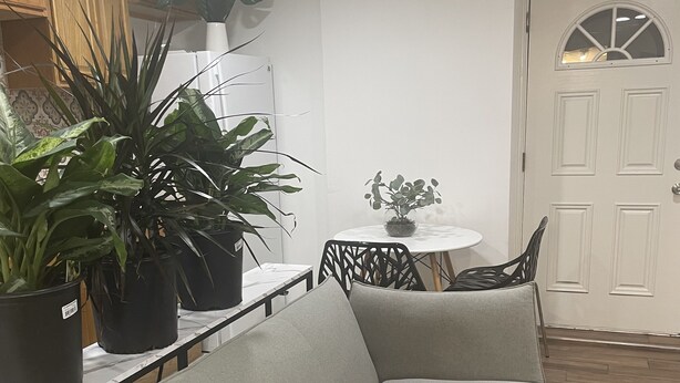 Un salon avec un canapé gris, une petite table ronde et des plantes en pot.