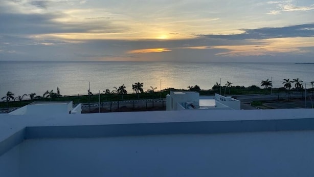 A sunset view from a rooftop with a clear sky, palm trees, and a calm sea.