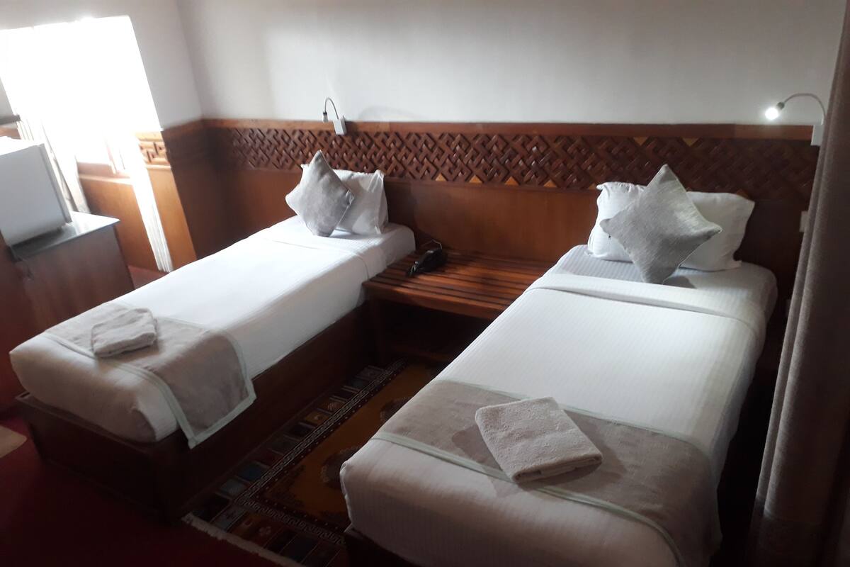 A hotel room with two single beds, each with a pillow and a folded towel. There is a wooden headboard with a patterned design, a small wooden nightstand, and a lamp on the nightstand.