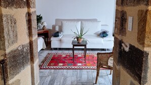 A room with a rustic stone wall, a wooden floor, a white sofa with cushions, a small table with a plant, and a red patterned rug.