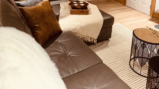 Ein modernes Wohnzimmer mit einem Ledersofa, einem Couchtisch mit Pflanze und einem Fernseher auf einem Schrank.