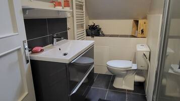 Shower, hair dryer, towels, toilet paper