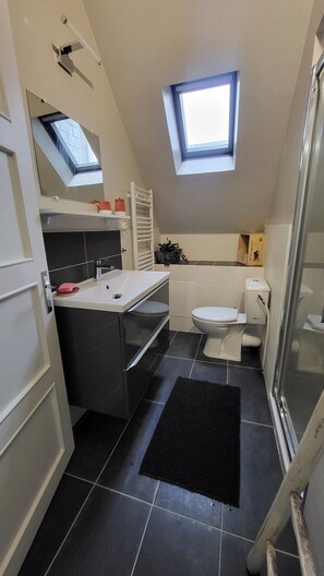 Dusche, Haartrockner, Handtücher, Toilettenpapier