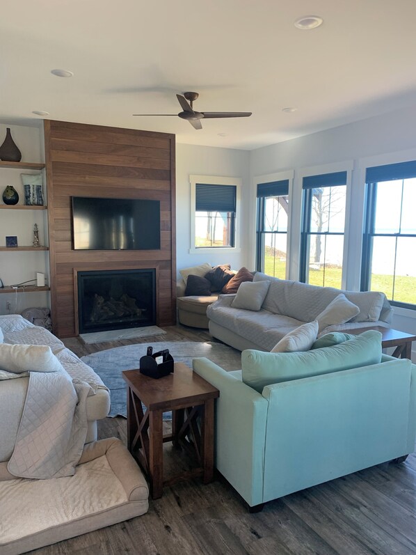 Smart TV, fireplace, books, printers