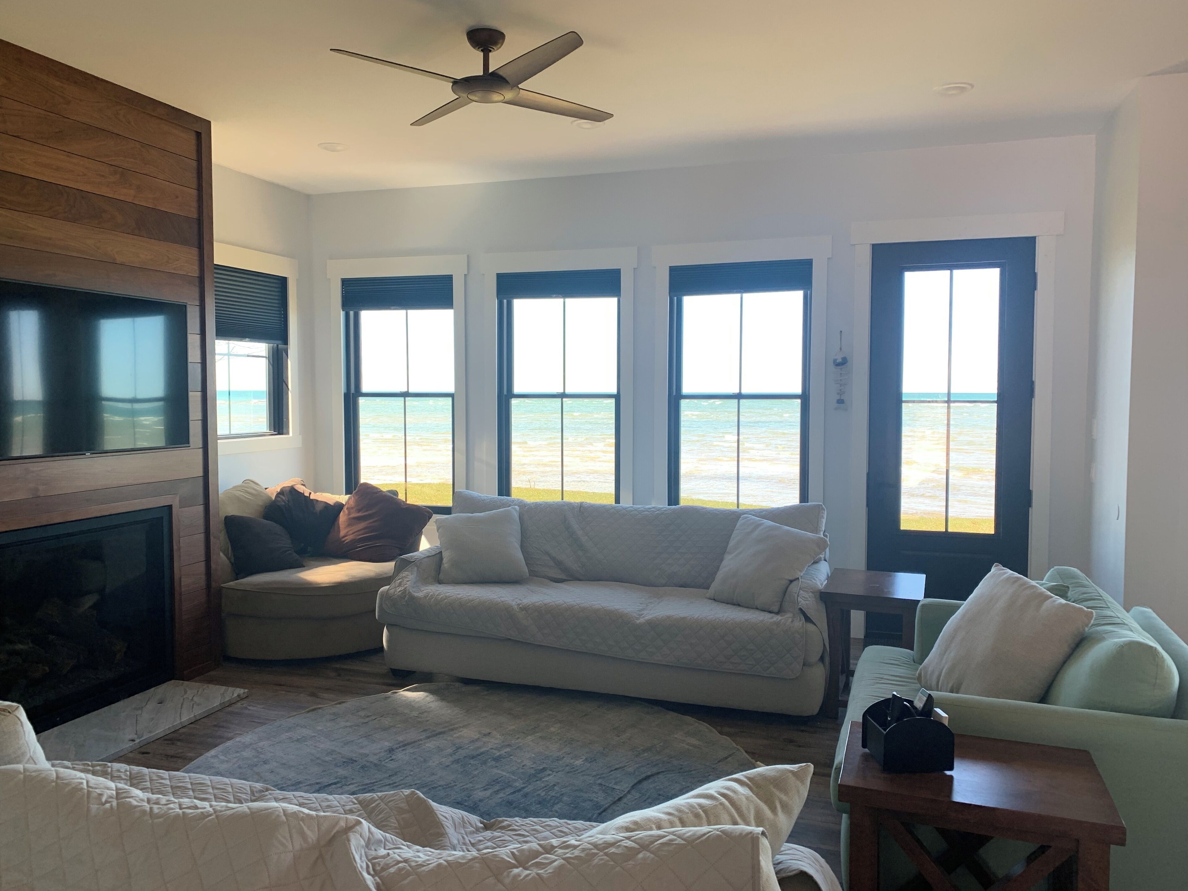 Smart TV, fireplace, books, printers