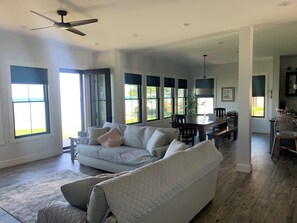 Smart TV, fireplace, books, printers