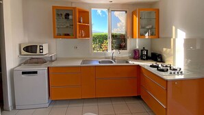 Une cuisine compacte équipée d’un lave-vaisselle, d’un four à micro-ondes, d’un évier et d’une cuisinière à gaz.