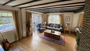 Smart TV, fireplace, books