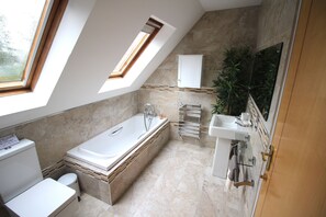 Hair dryer, towels, soap, toilet paper