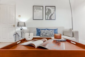 Smart TV, fireplace, books