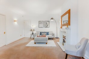 Smart TV, fireplace, books