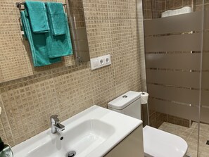 Secadora de cabello, toallas, papel de baño