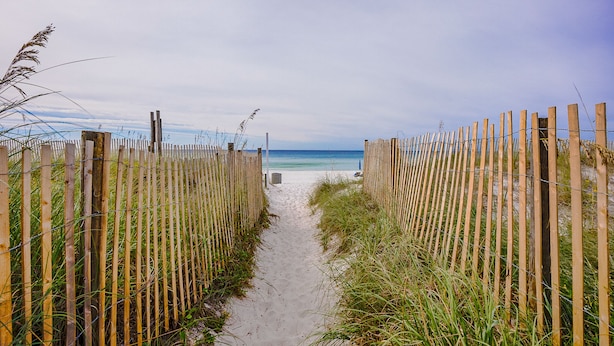 A sandy pathway flanked by wooden fences leading to a beach.