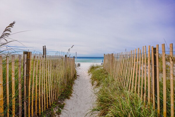 On the beach, sun-loungers, beach towels