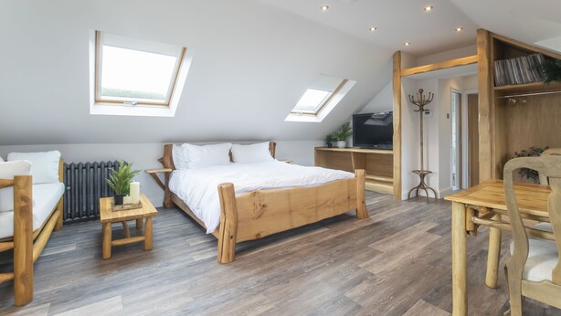 A modern bedroom with a wooden bed, a wooden chair, a small table, and a TV. There are skylights and a radiator. - Stable Lodge Boutique B&B (Cheltenham)