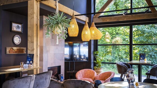 A modern interior with a wooden ceiling, large windows, and a fireplace. There are several chairs and tables, and a television is mounted on the wall. - Luxury 6p. villa in Gaasterland near the woods and close to the (kite)beach. (Rijs)