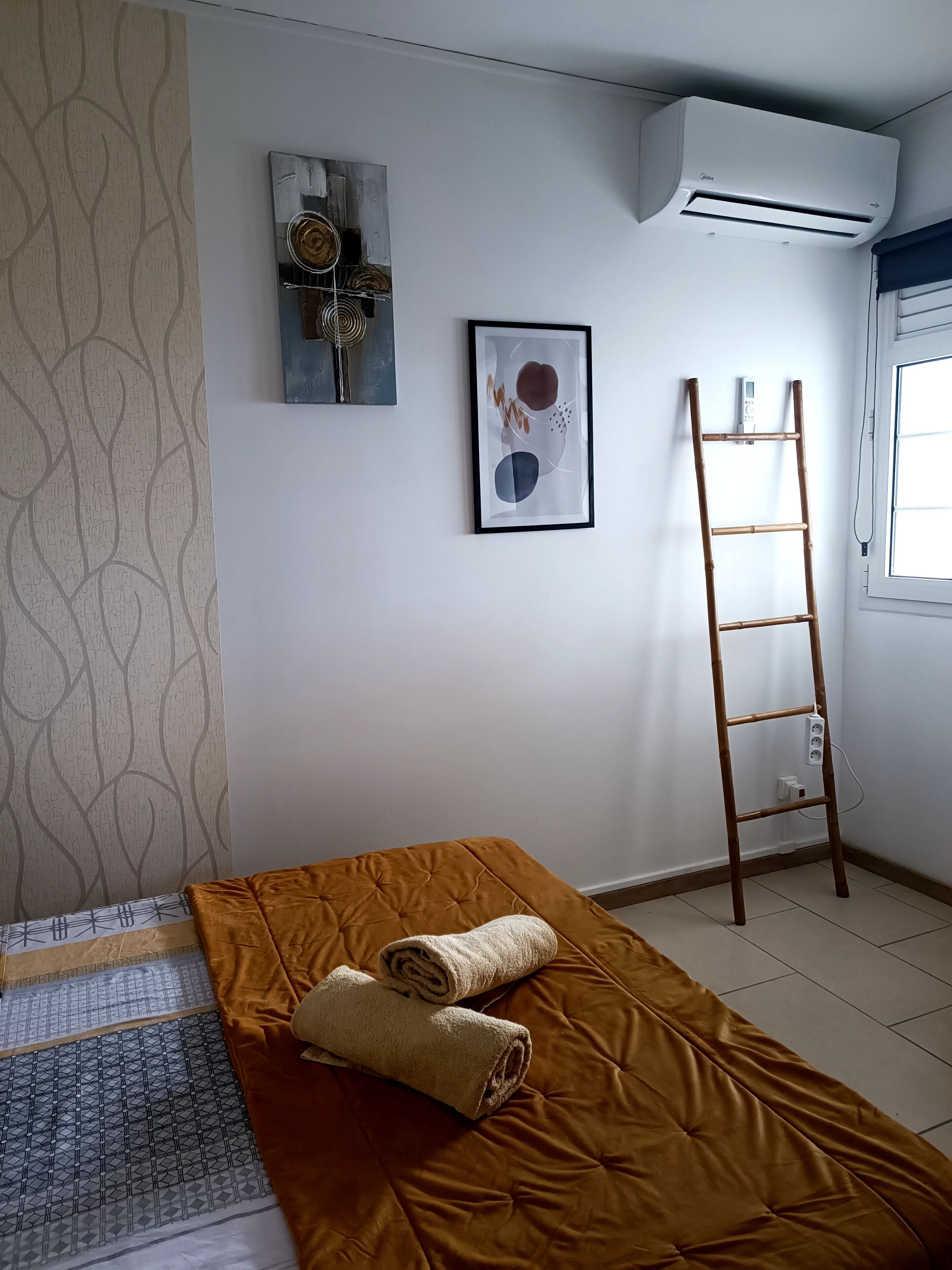 A room with a bed, a ladder, an air conditioner, and two framed artworks on the wall.