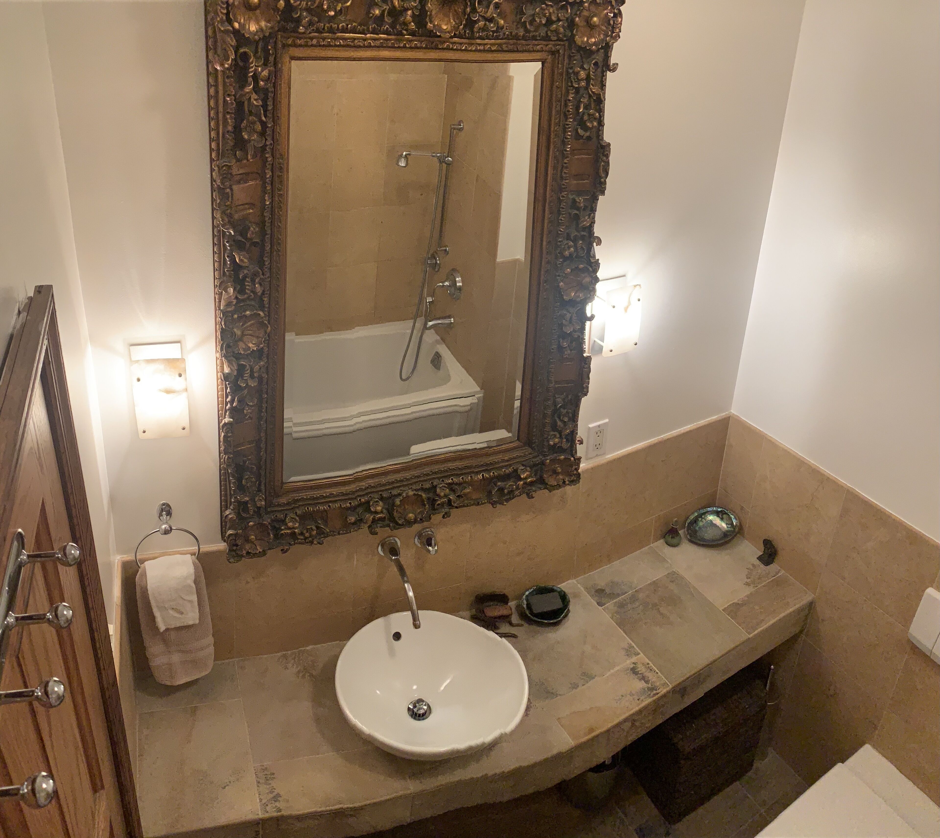 Hair dryer, towels, soap, toilet paper