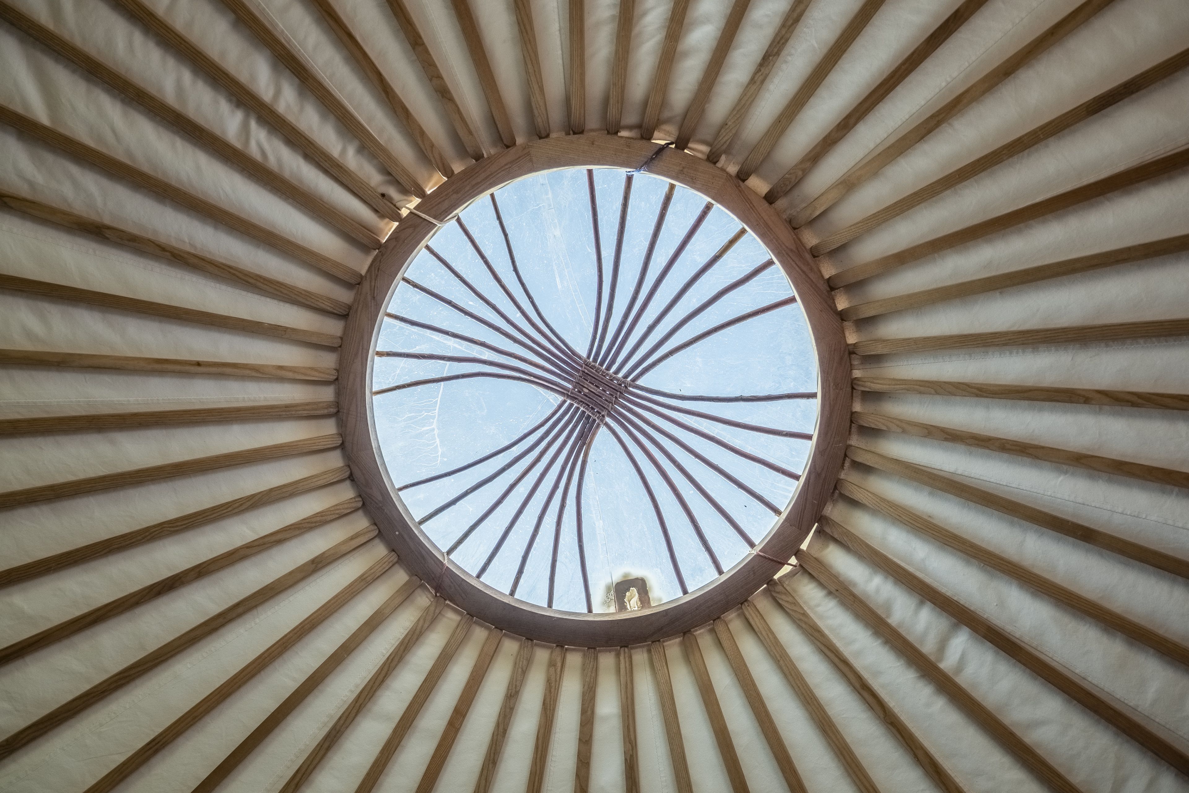 A circular skylight with wooden beams radiating outward.