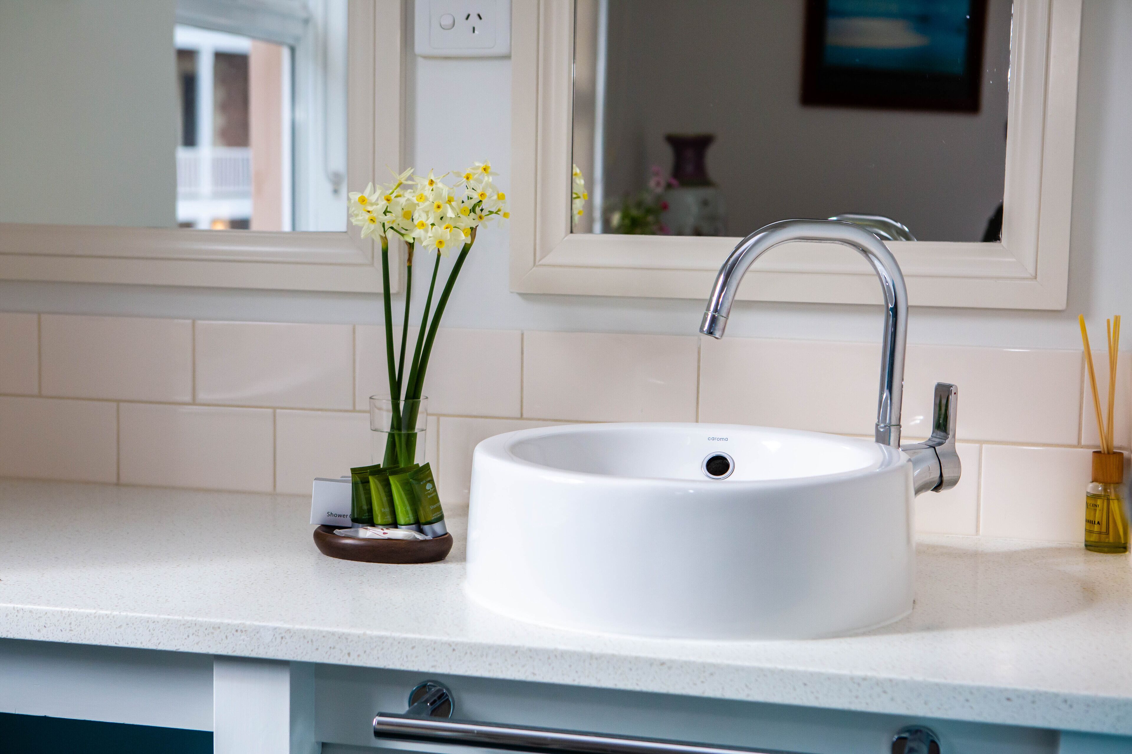 Hair dryer, towels, soap, shampoo