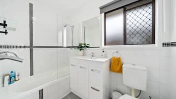Hair dryer, towels, soap, shampoo