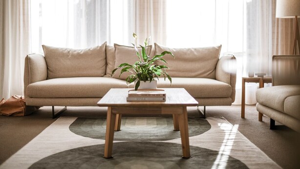 Una sala de estar con un sofá beige, una mesa de centro con una planta y libros, y una lámpara sobre una mesita auxiliar.