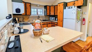 Une cuisine avec des meubles de rangement en bois, un réfrigérateur, un four à micro-ondes et une fenêtre au-dessus de l’évier.