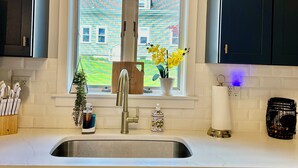 A kitchen with dark cabinets, a stainless steel sink, a hanging pendant light, a window with a view of a house, a small plant, and a fire extinguisher.
