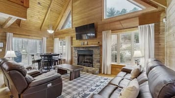 Smart TV, fireplace, foosball