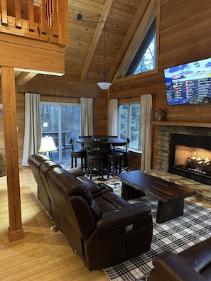 Smart TV, fireplace, foosball