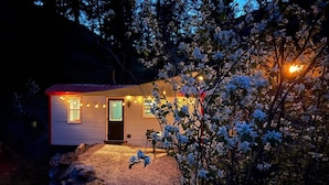 A small, single-story cabin with a sloped roof, a front door, and a window. - Runaway Express Coach (Oliver)