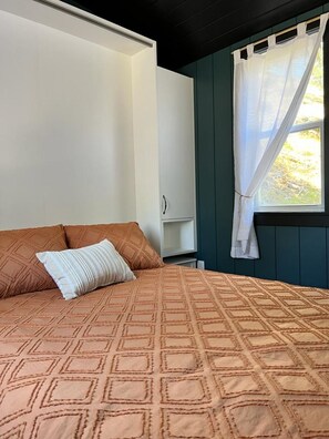 1 bedroom, desk, iron/ironing board, travel cot